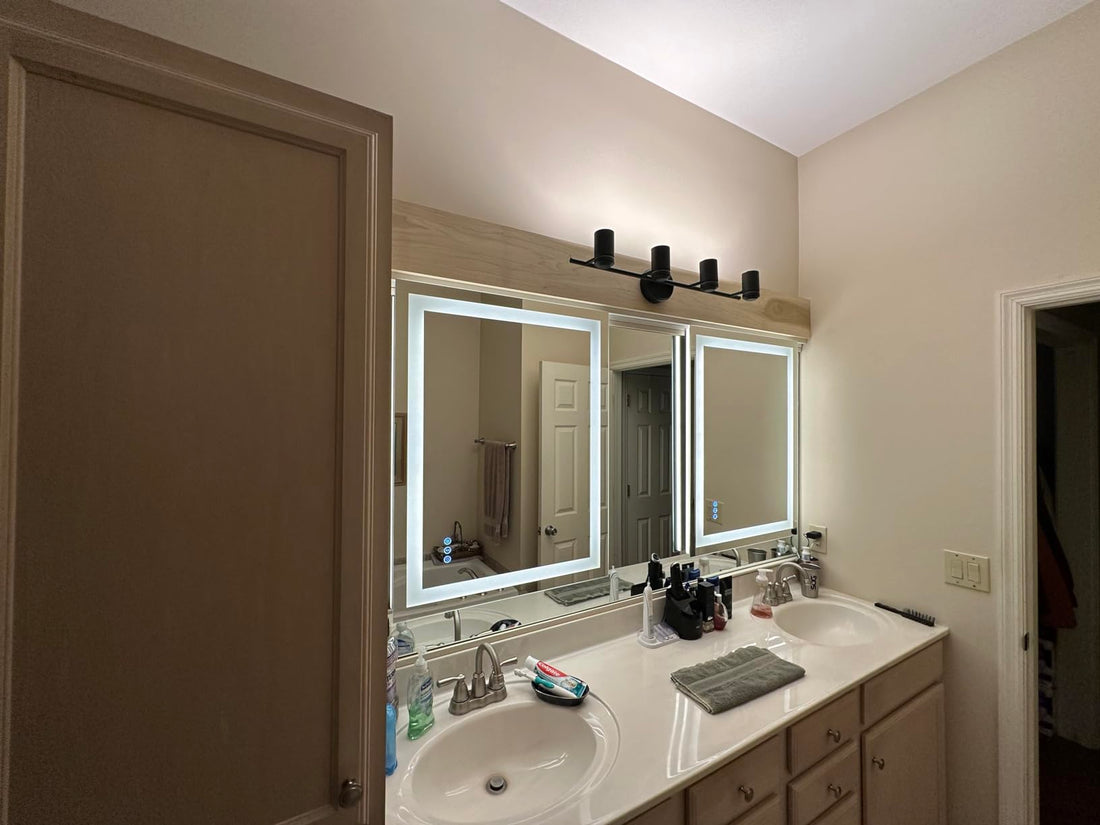 large vanity desk with mirror and lights