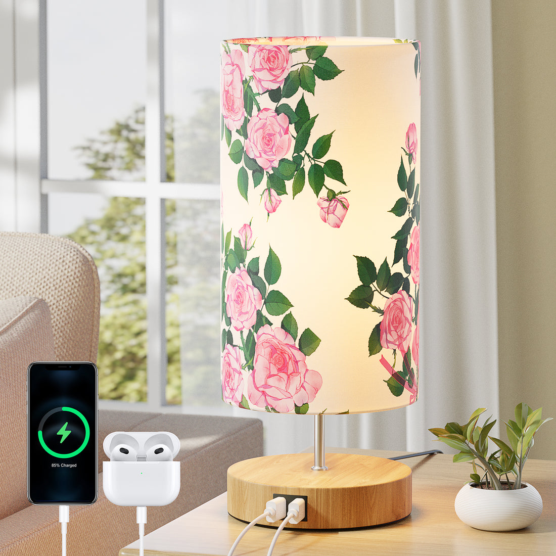 nightstand rose pattern lamp