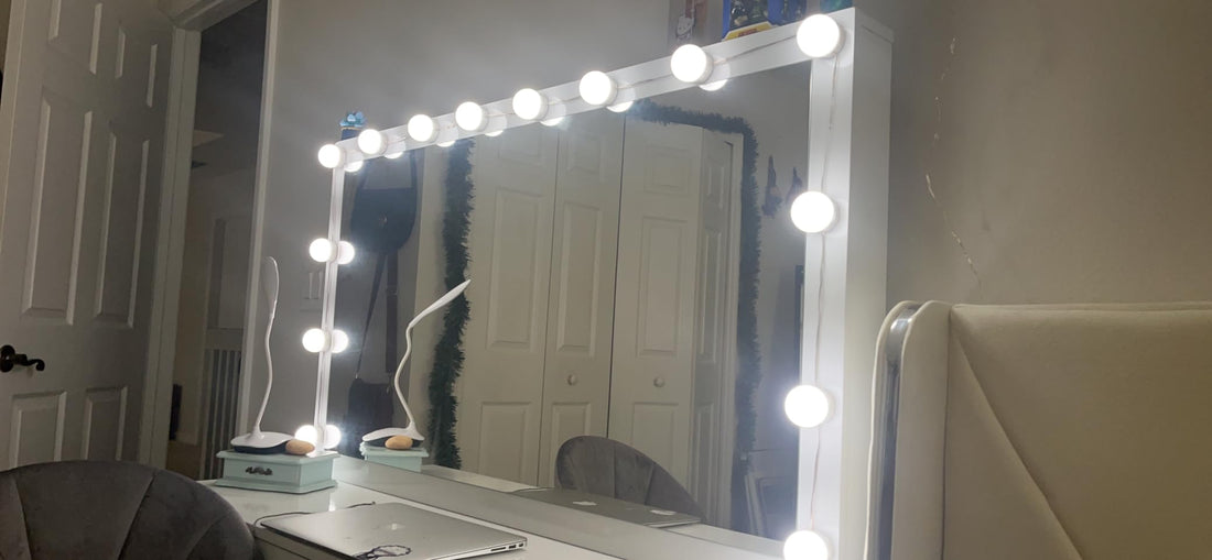 vanity desk with mirror and lights