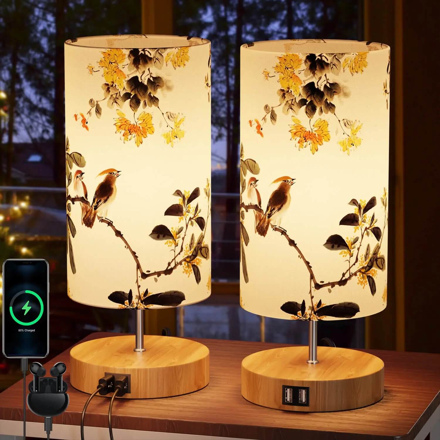 Bedside Lamp Touch Dimmable Table Bird Pattern Lamp