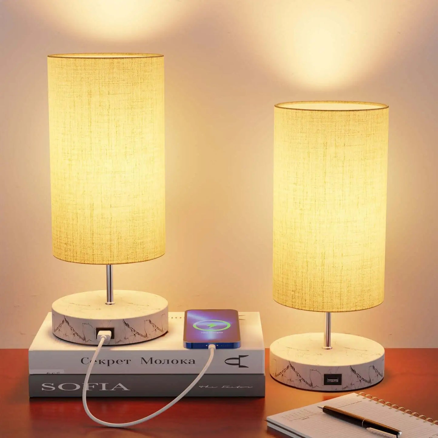 Gluroo LED marble-like metal base Bedside Lamp Touch Dimmable with USB Charging