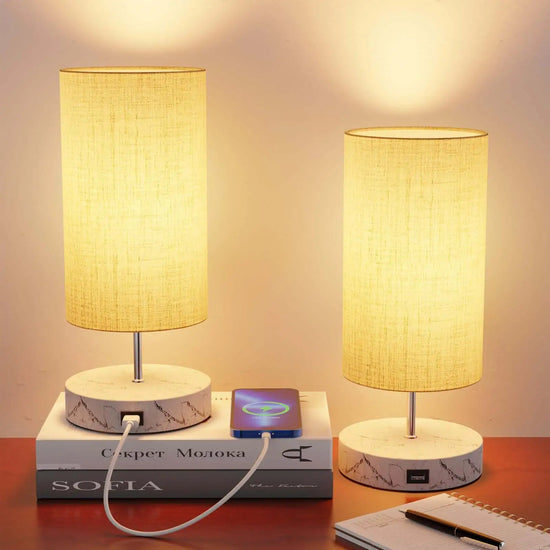 Gluroo LED Marble-Like Metal Base Bedside Lamp Touch Dimmable with USB Charging