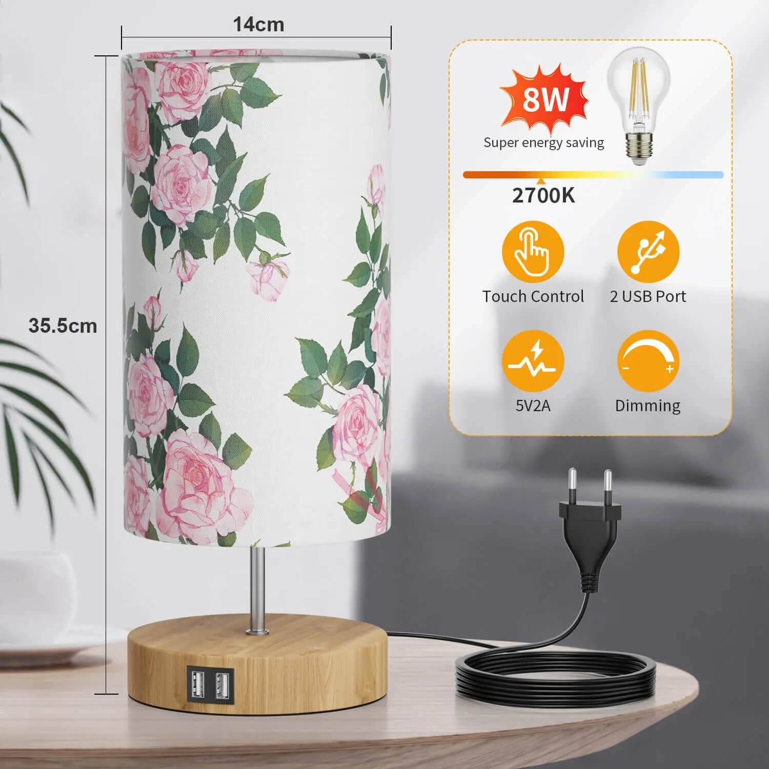 Gluroo Bedside Lamp Touch Dimmable Table Rose Pattern Lamp