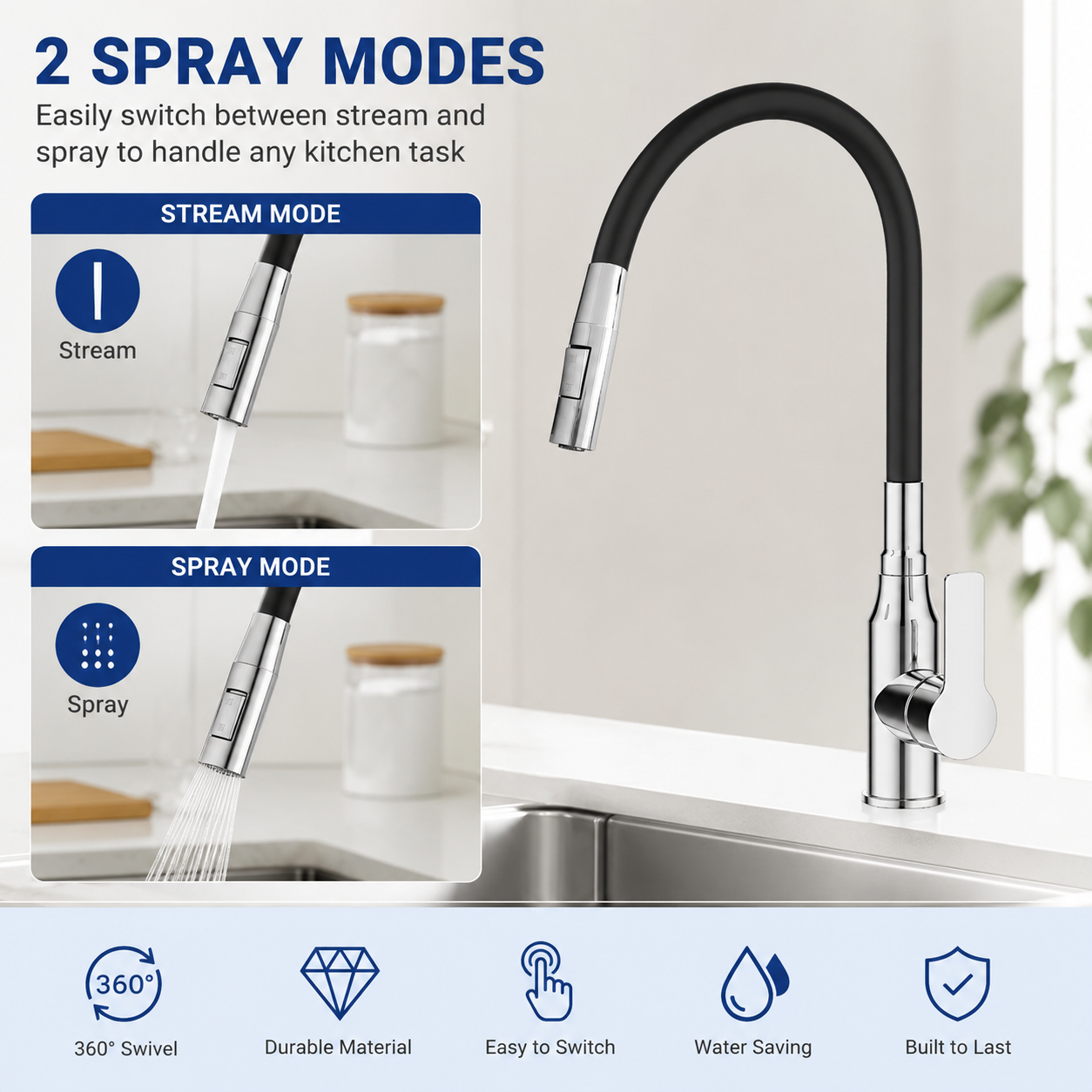 Single-lever faucets for sinks Flexible Sink Faucet, 2 Spray Modes, 360° Swivel, Bendable Spout, Stainless Steel, 1/2" Connector