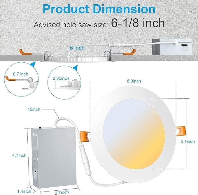 GRASALER Ceiling light fittings 6 Inch 12W Ultra-Thin, Modern LED Ceiling Light Fixture with Metal Junction Box, 2700K/3000K/3500K/4000K/5000K Selectable, 1050LM, Dimmable