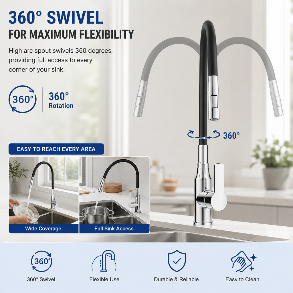 Single-lever faucets for sinks Flexible Sink Faucet, 2 Spray Modes, 360° Swivel, Bendable Spout, Stainless Steel, 1/2" Connector