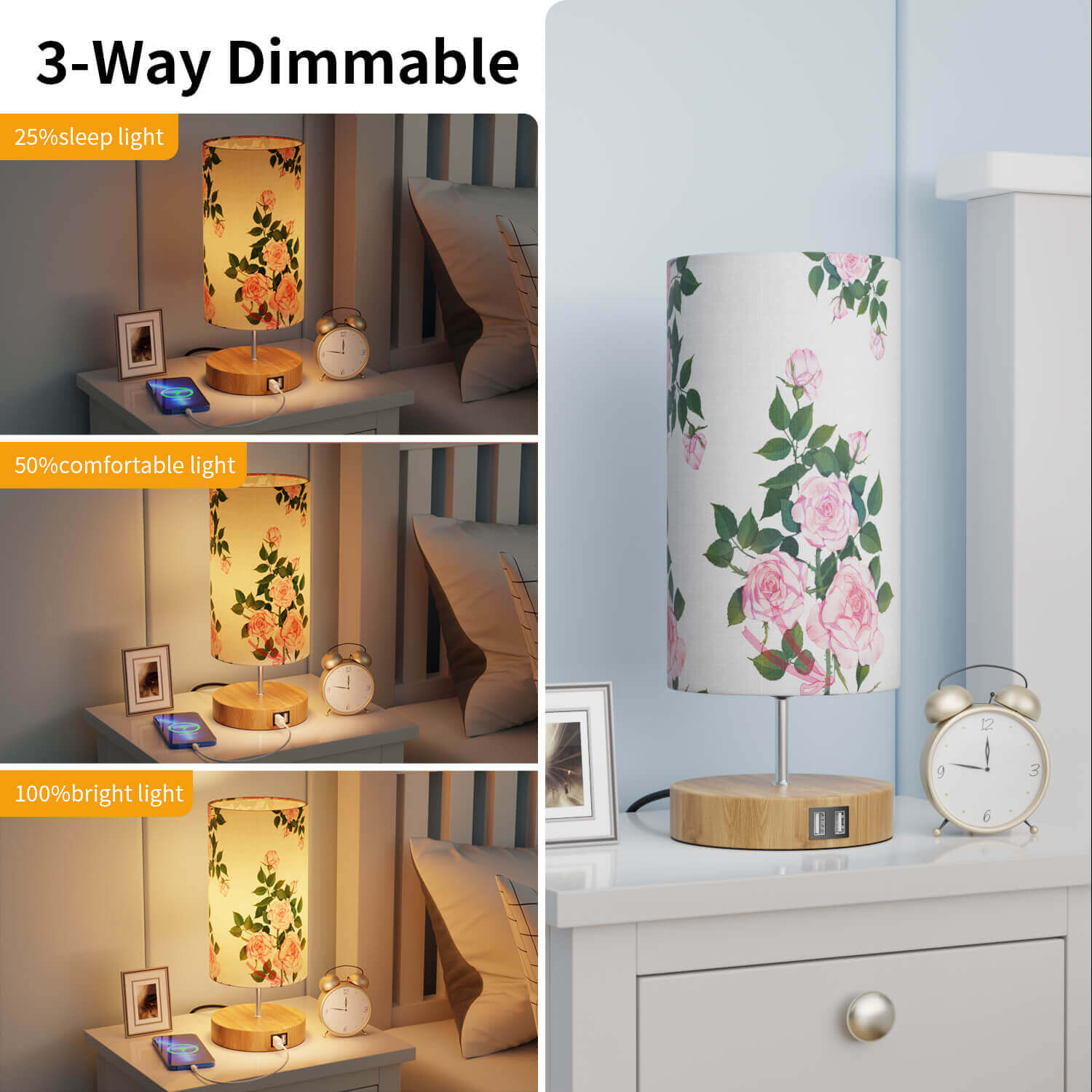 Gluroo Bedside Lamp Touch Dimmable Table rose pattern Lamp