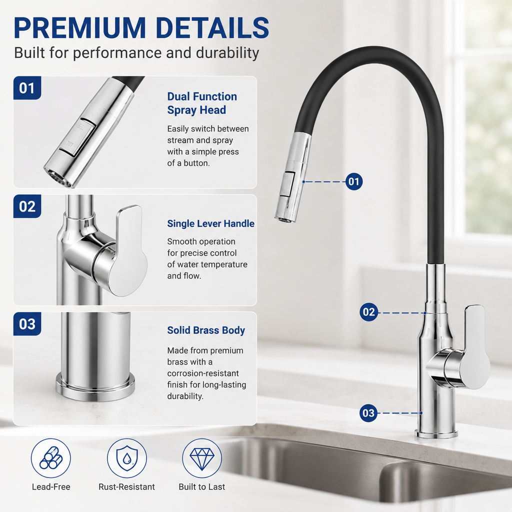 Single-lever faucets for sinks Flexible Sink Faucet, 2 Spray Modes, 360° Swivel, Bendable Spout, Stainless Steel, 1/2" Connector