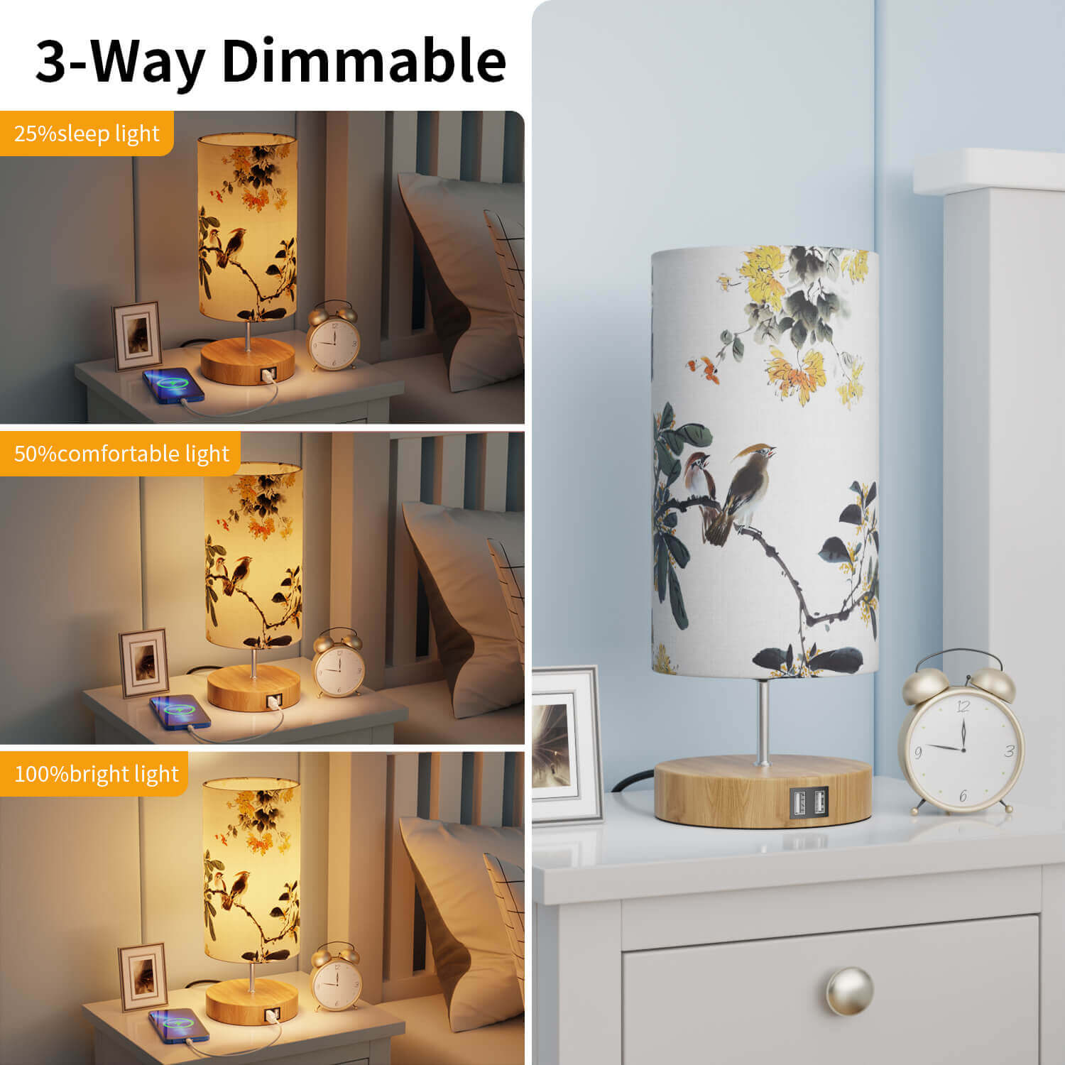 Bedside Lamp Touch Dimmable Table Bird Pattern Lamp