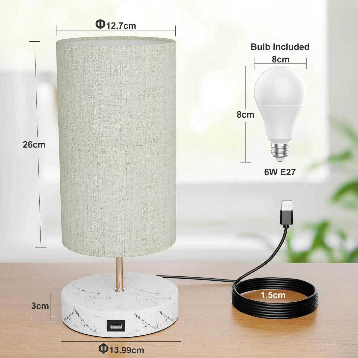 Gluroo LED marble-like metal base Bedside Lamp Touch Dimmable with USB Charging