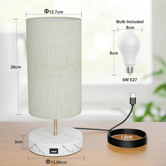 Gluroo LED Marble-Like Metal Base Bedside Lamp Touch Dimmable with USB Charging