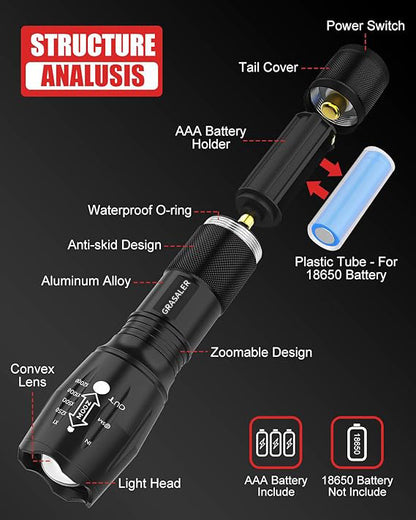 GRASALER Electric flashlights Black Mini Flashlights, High Lumen, Zoomable, 5 Modes, IPX4 Water Resistant, Emergency Lights for Camping Outdoor Hiking