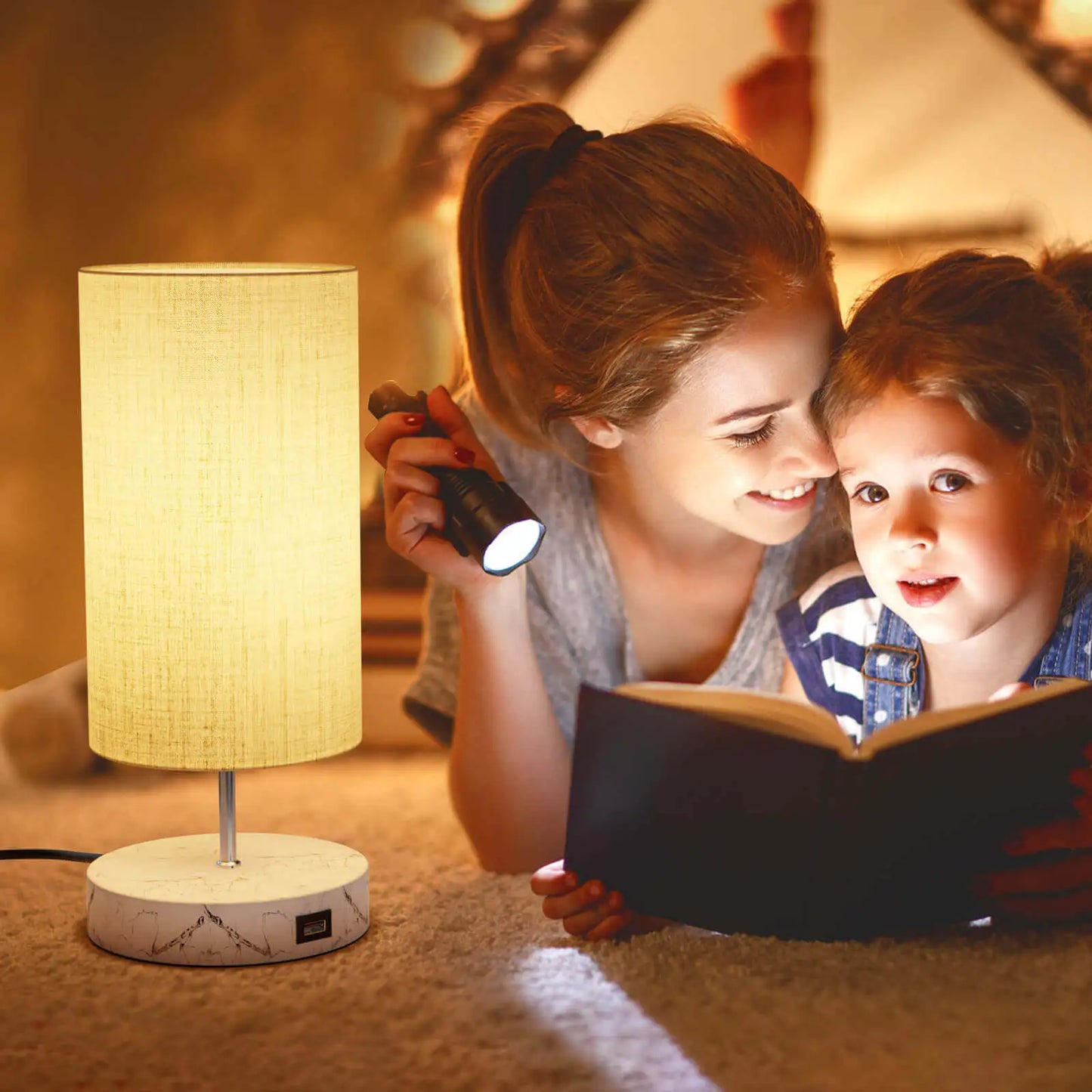 Gluroo LED marble-like metal base Bedside Lamp Touch Dimmable with USB Charging