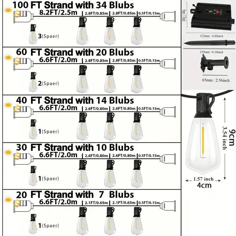 Gluroo St38 Solar Edison-Style Bulb String Lights