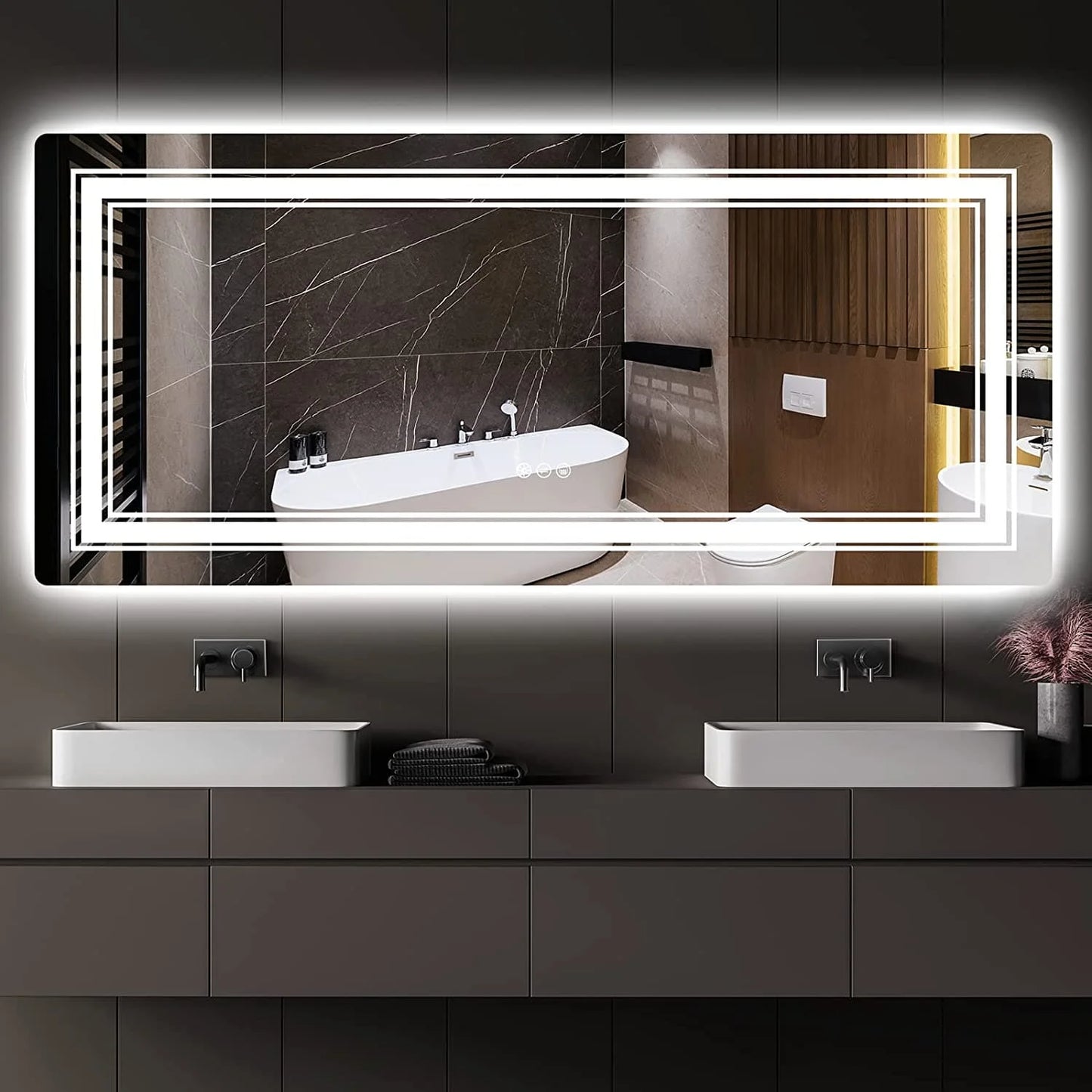 Smart Bathroom Mirror with Double Lights 72x32 Inch