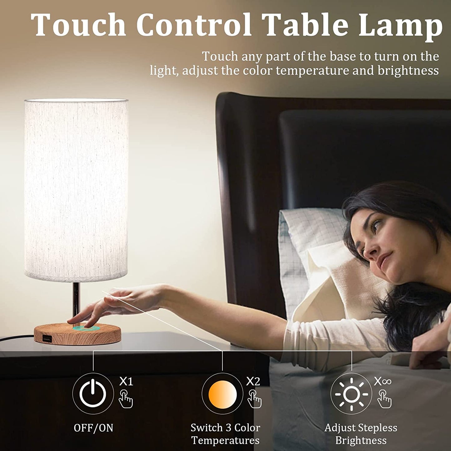 GRASALER Table Lamp for Bedroom; LER Desk lamps;3 Way Dimmable Touch Lamp with Dual Charging Station, Small Bedside Lamps for Night Stands, Living Room, Office