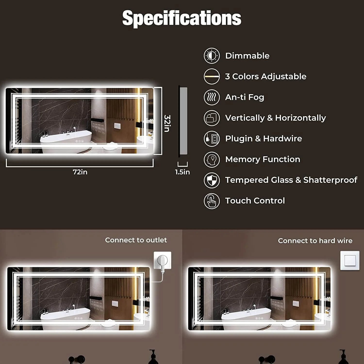 Smart Bathroom Mirror with Double Lights 72x32 Inch