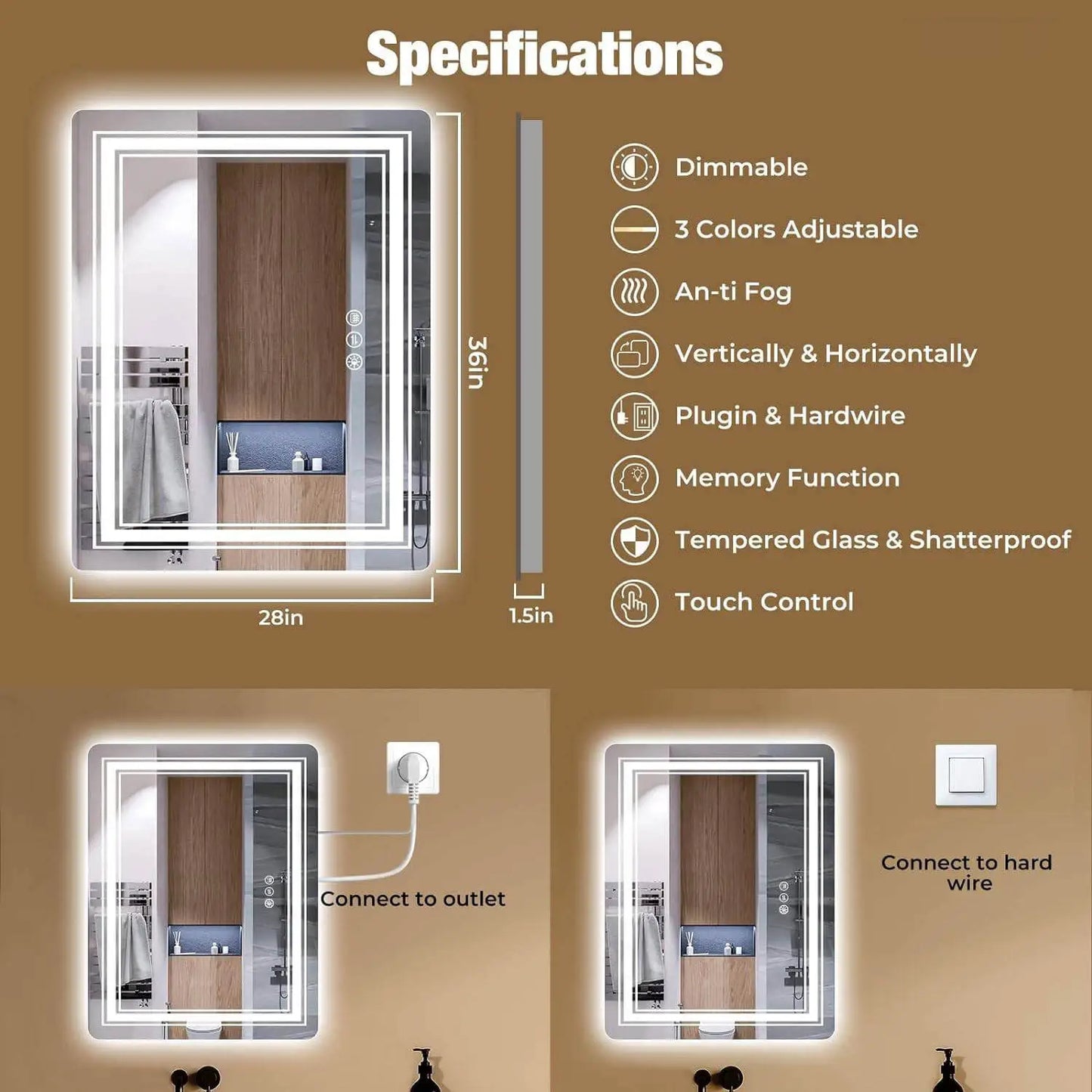 Led Bathroom Mirror With Light 36x28 Inch