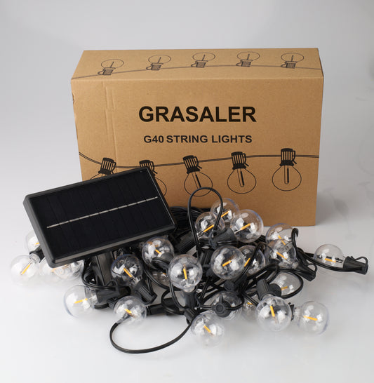 GRASALER Solar String Lights Solar light fixtures; String lights for festive decoration;  G40 Solar Powered String Lights with 30+2 LED Shatterproof Bulbs, Dimmable Solar Patio Hanging Lights for Outside Backyard Party