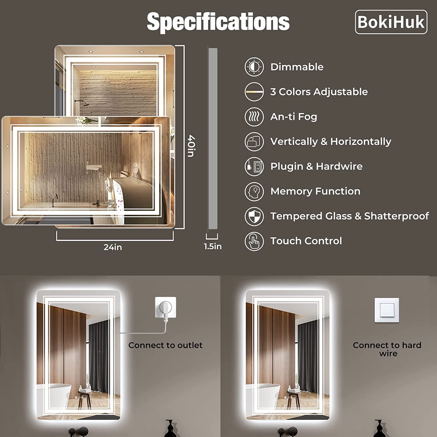 BokiHuk Smart Bathroom Mirror with Double Lights 40x24 Inch