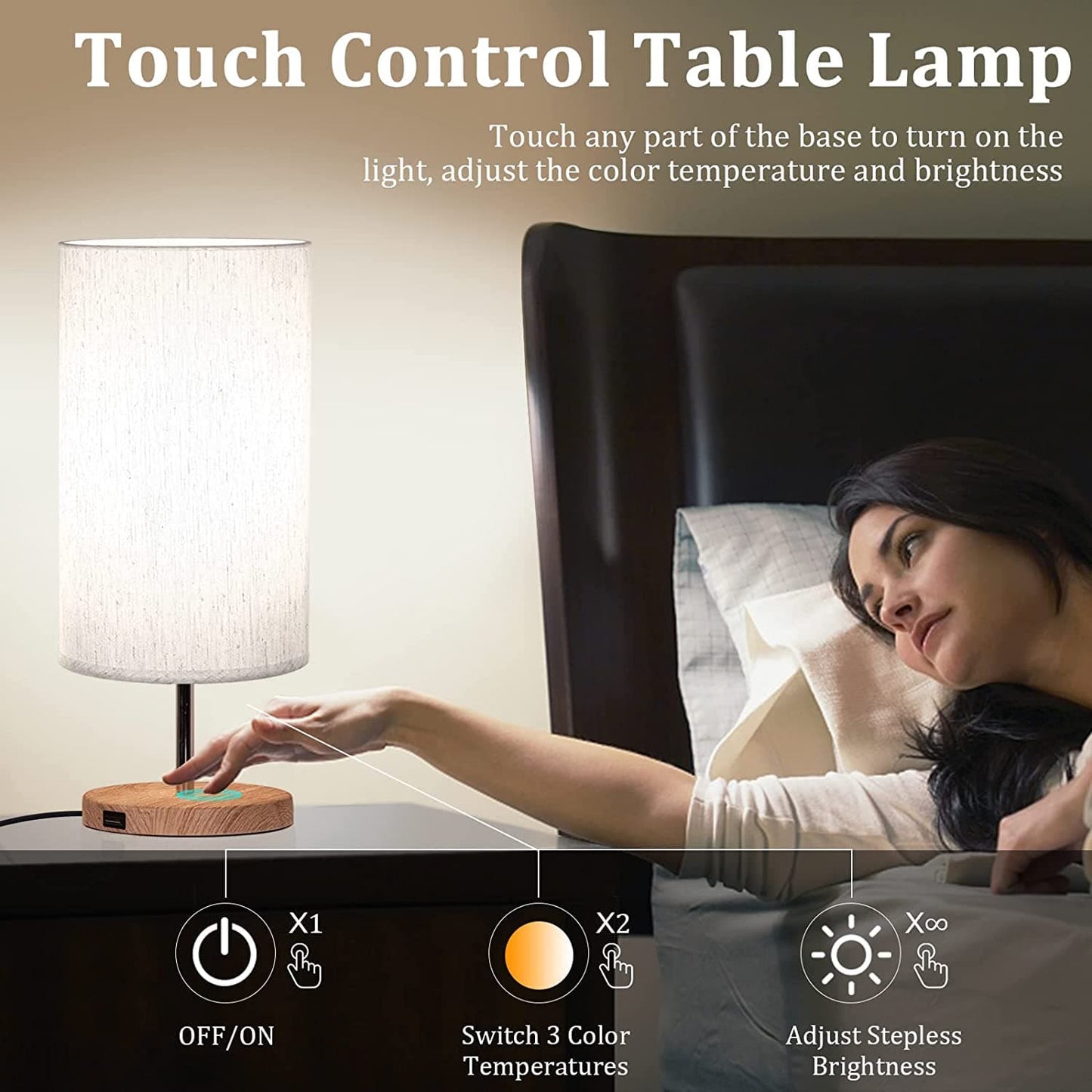 GLUROO Bedside Lamp with USB Charging Ports